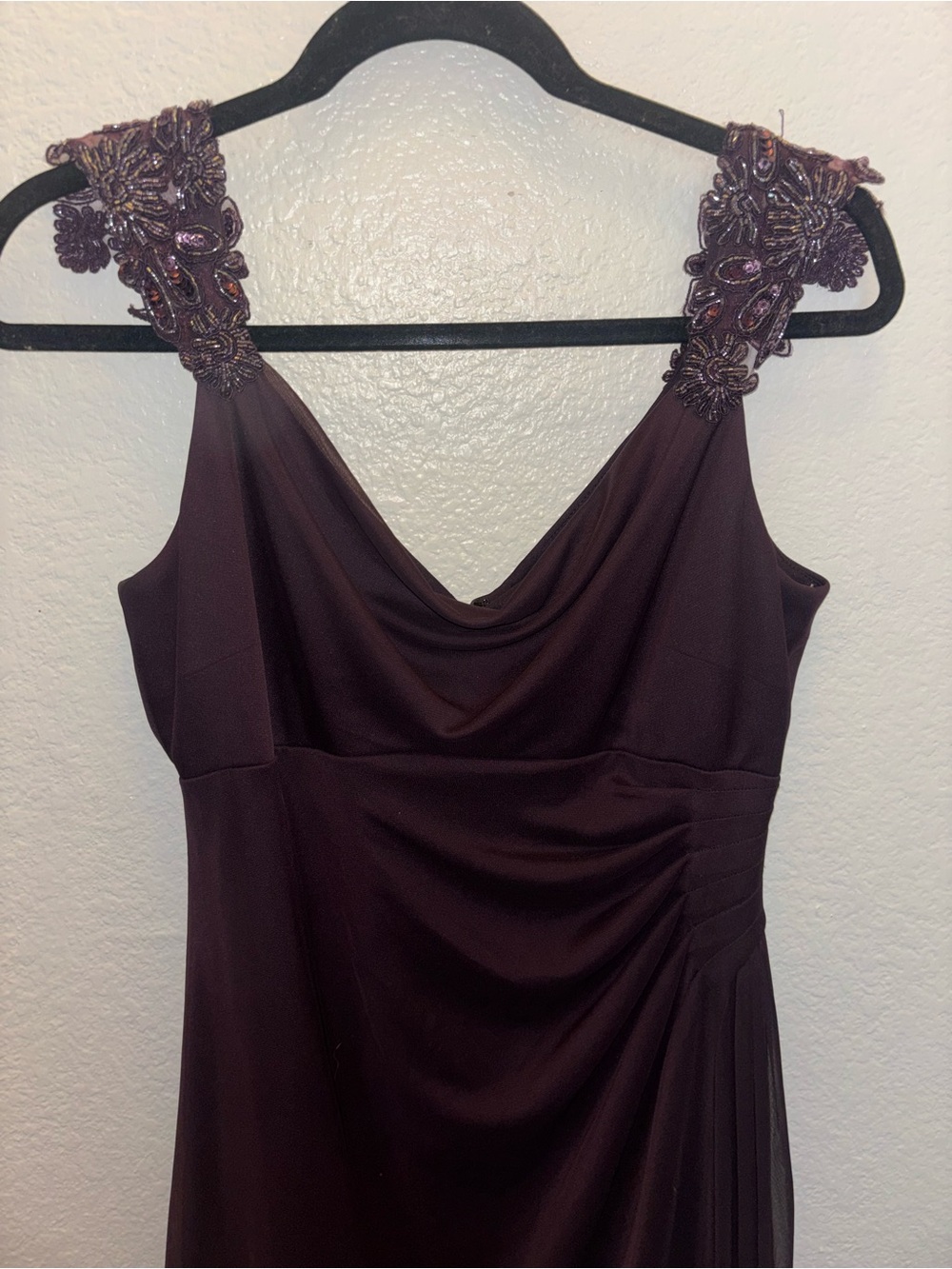 Elegant Embellished Strap Cowl Neck Cinched Waist Evening Dress - Deep Plum
